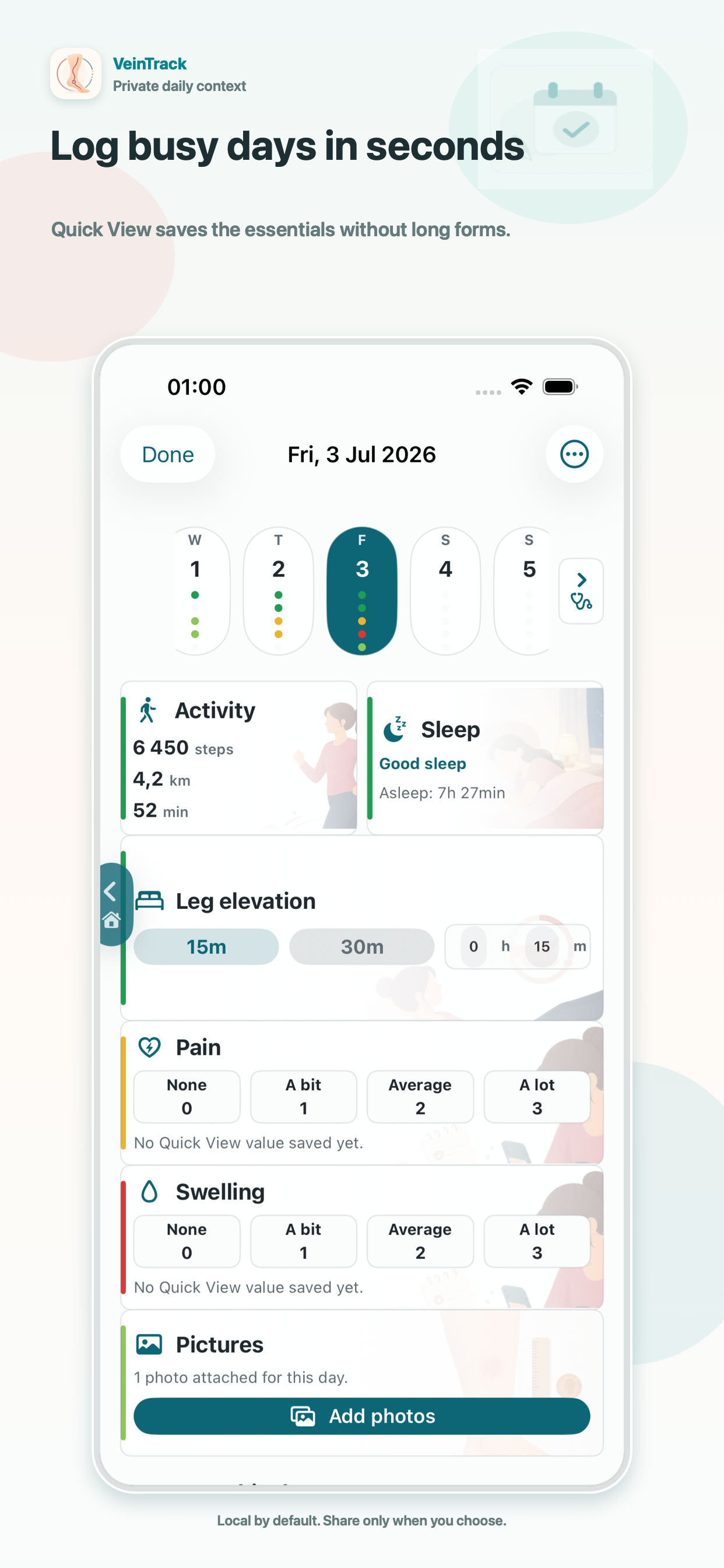 VeinTrack App Store screenshot titled Log busy days in seconds showing Quick View