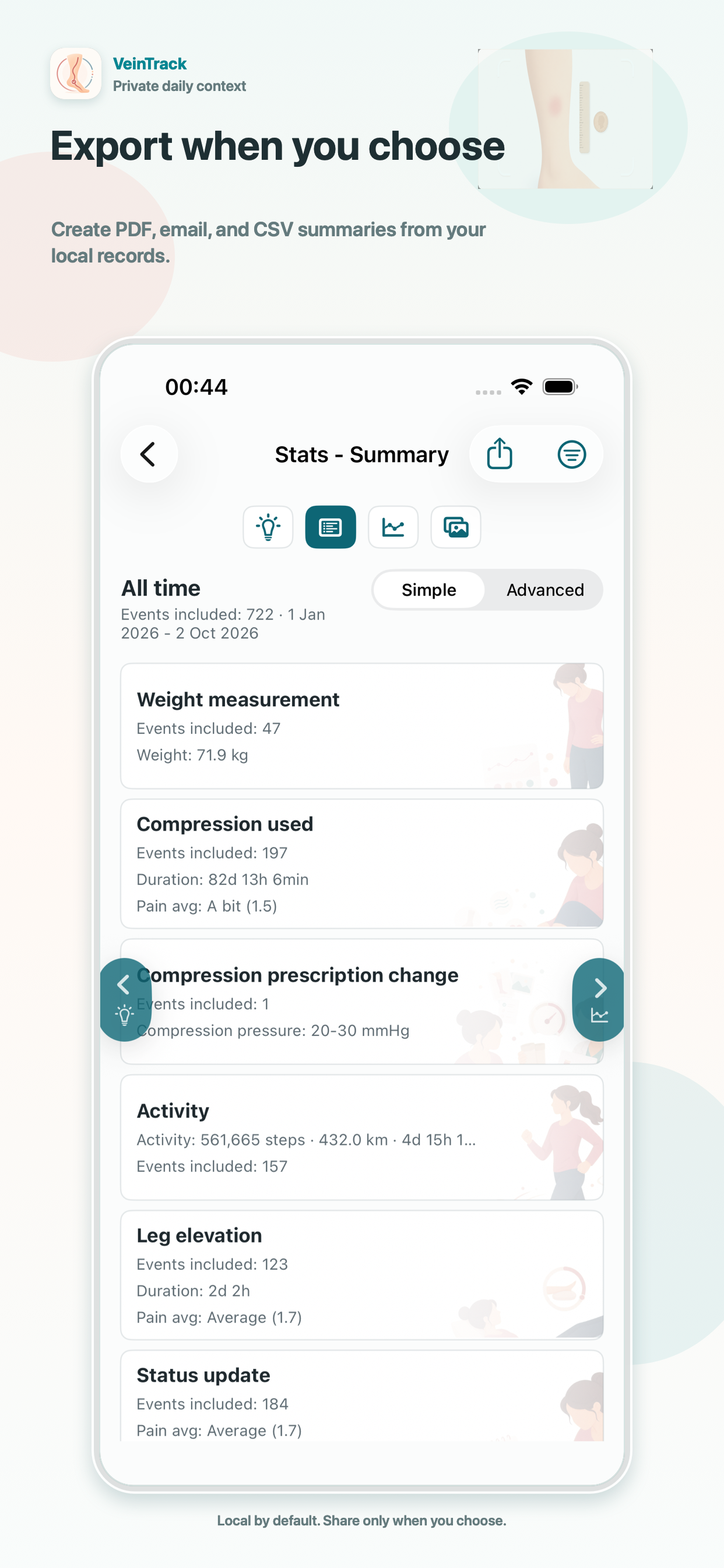 VeinTrack App Store screenshot titled Export when you choose showing report export controls