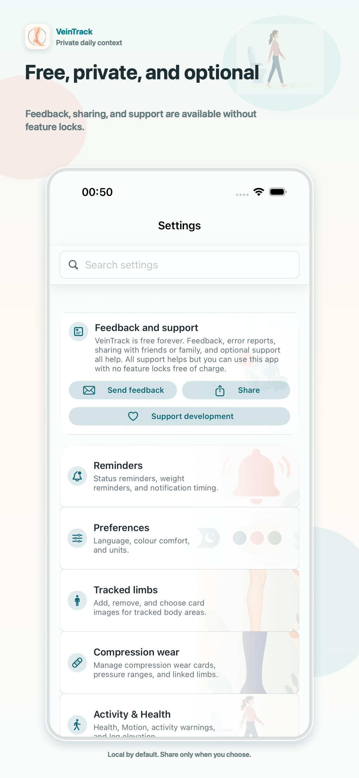 VeinTrack App Store screenshot titled Free private and optional showing settings and support