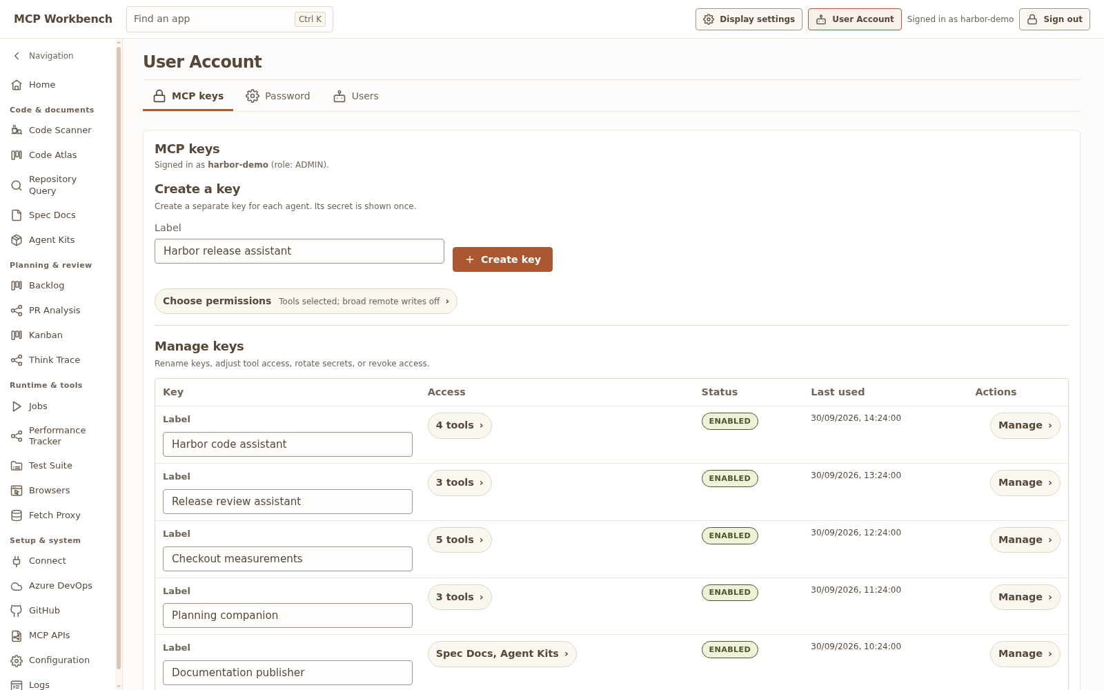 Workbench account settings with fictional named MCP keys and scoped tool grants