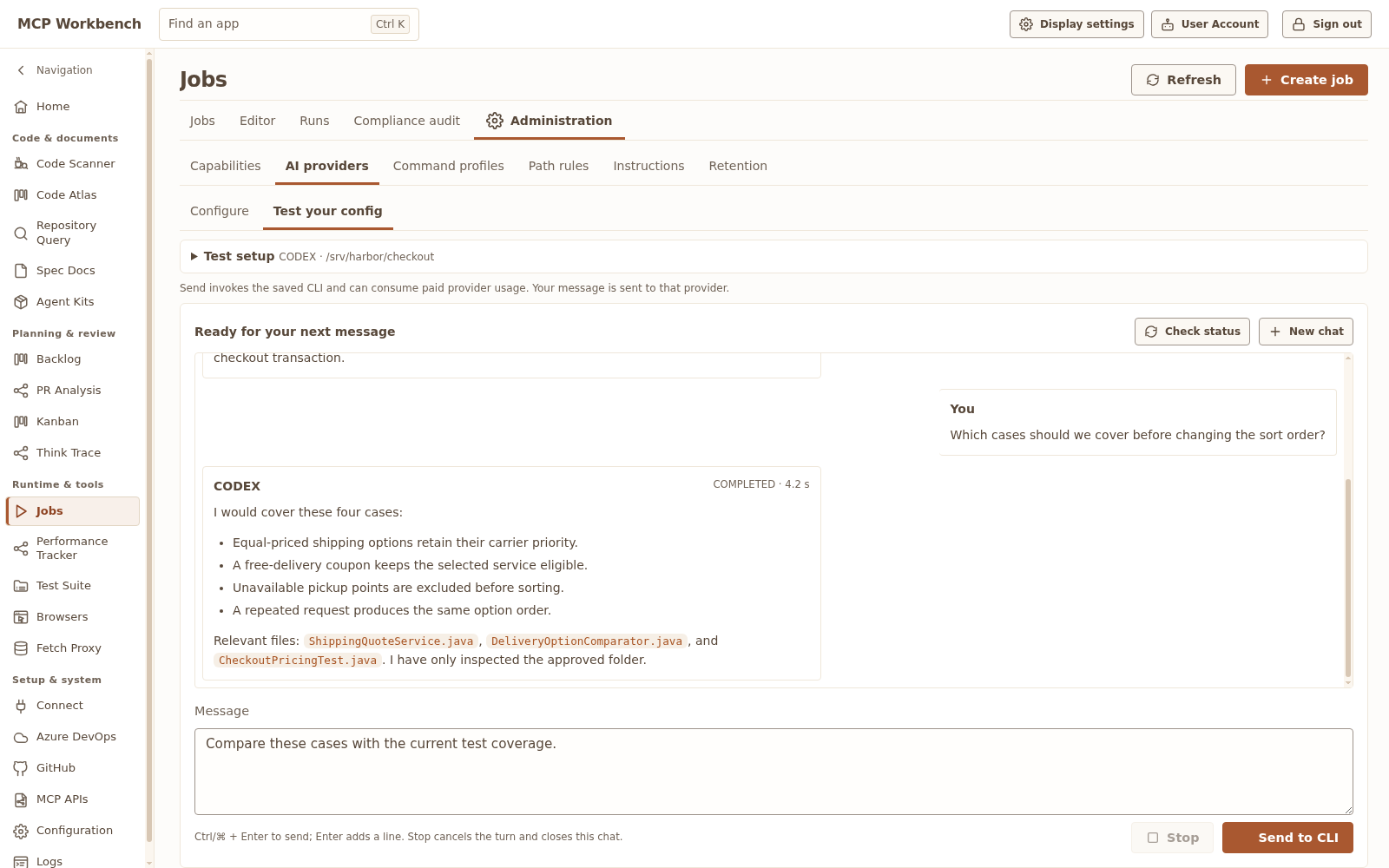 AI provider configuration test with a populated Harbor code-review conversation and visible composer