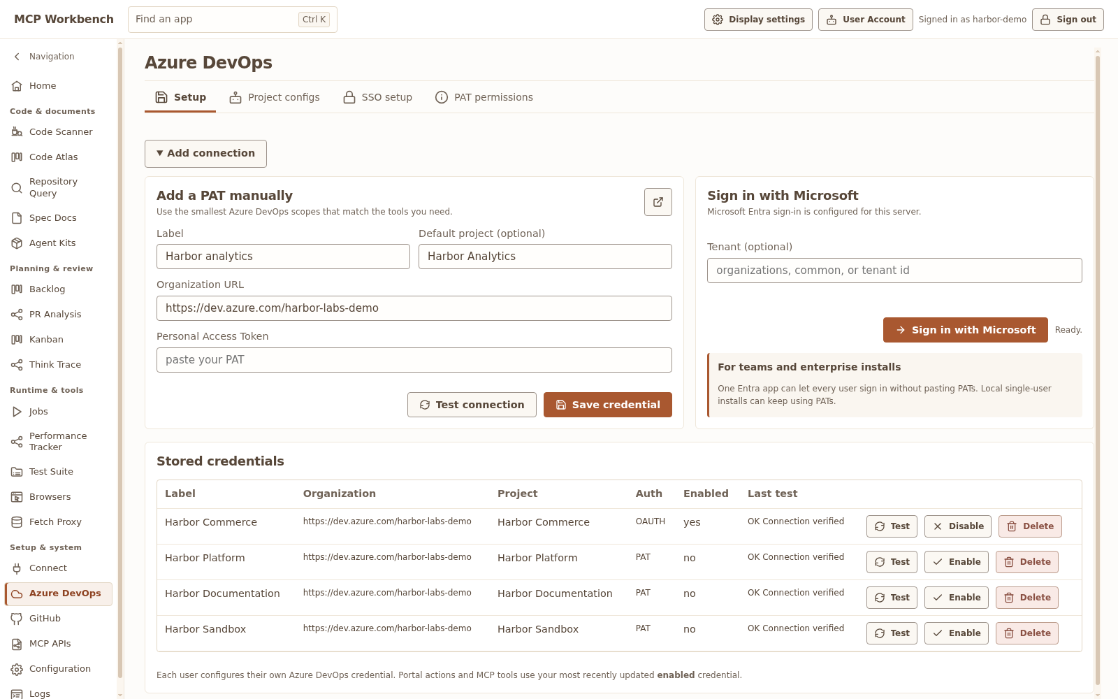 Azure DevOps Setup showing fictional Harbor saved credentials and credential configuration controls