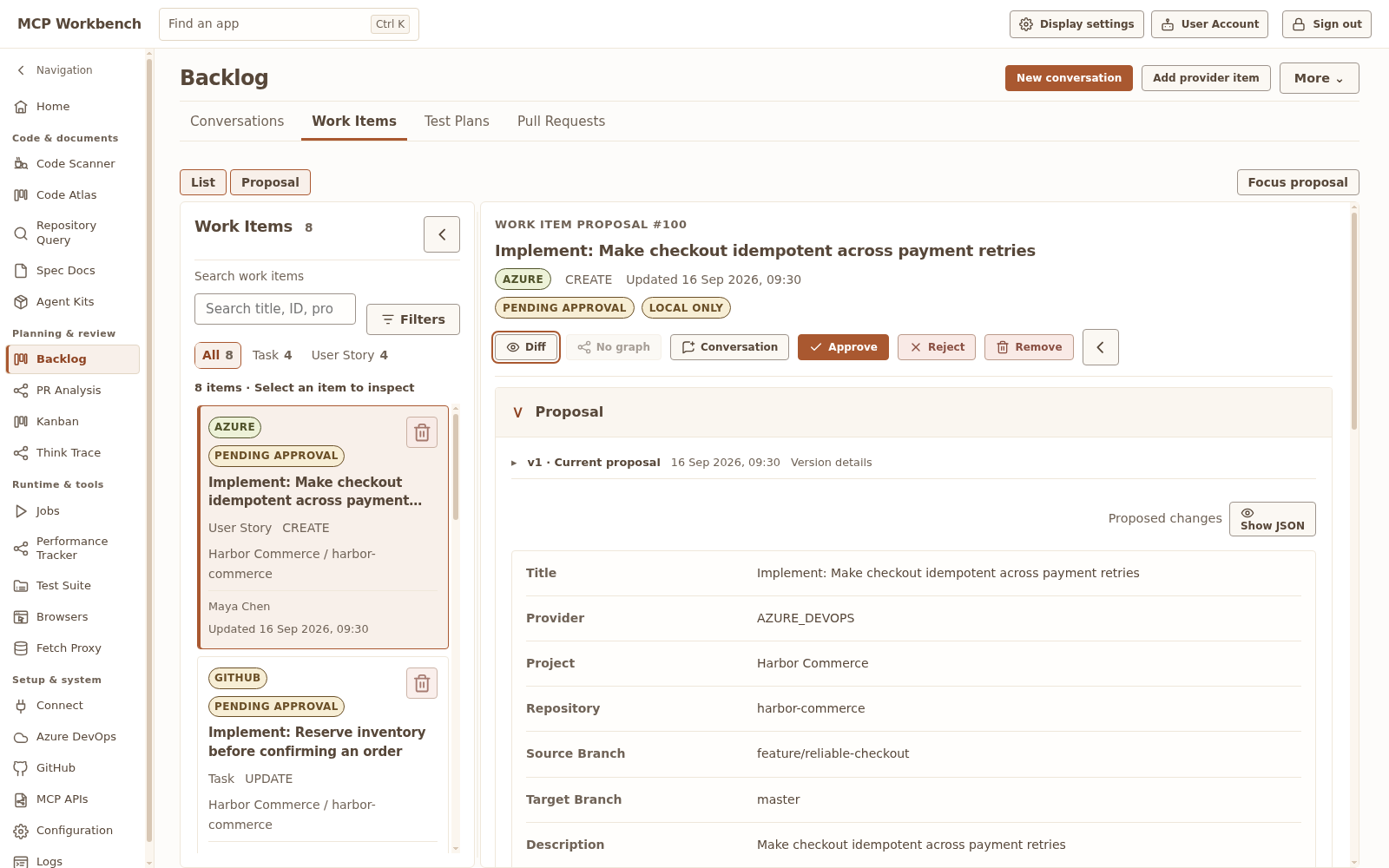 Backlog with fictional Harbor conversations and versioned work-item proposals