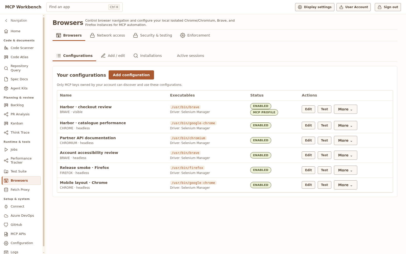 Browsers workspace with six saved fictional Harbor browser definitions