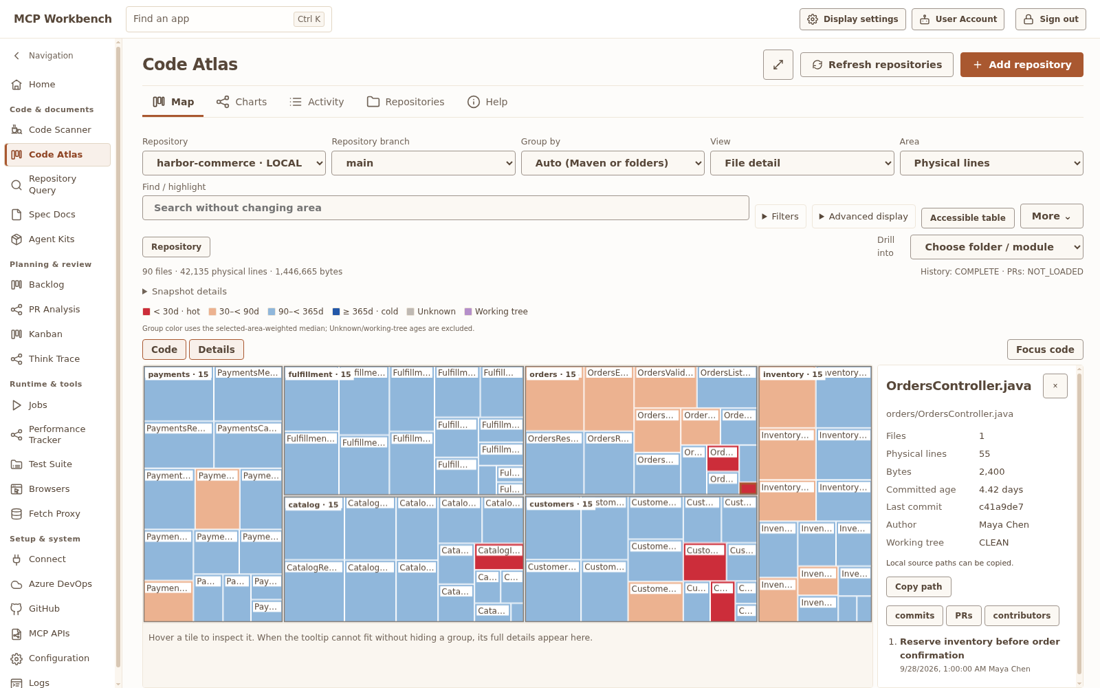 Code Atlas map of Harbor modules with code-age colors, file metrics and repository scope controls