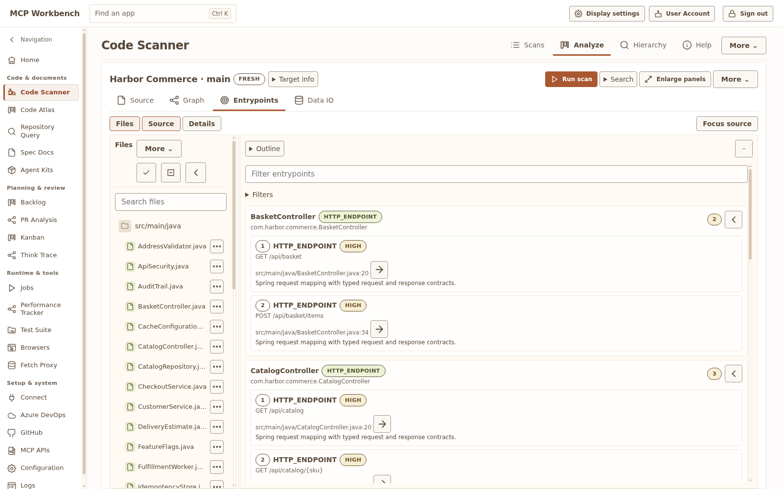 Code Scanner entry points with fictional Harbor controller and service API routes