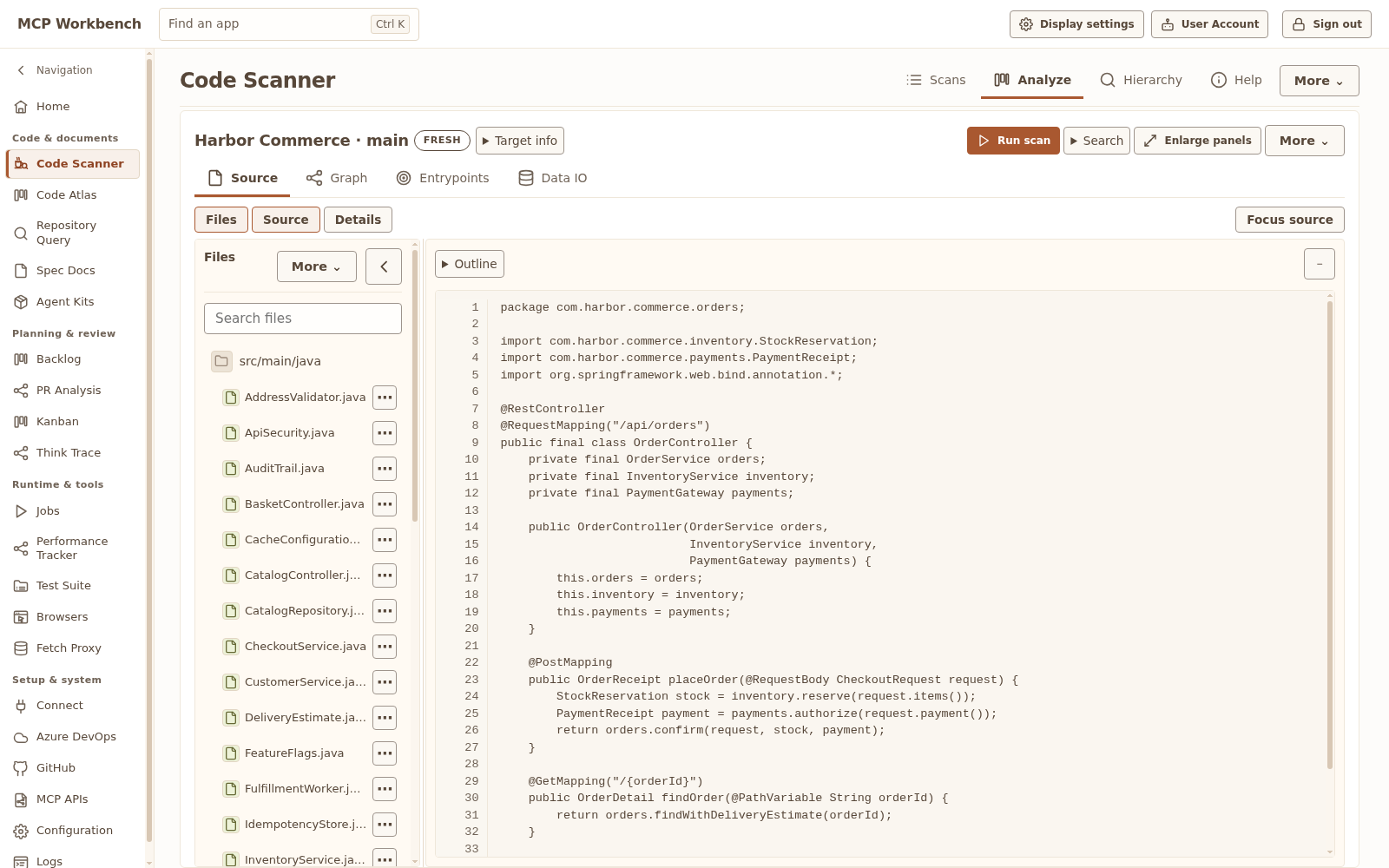 Code Scanner with a fictional Harbor repository, source and analysis controls
