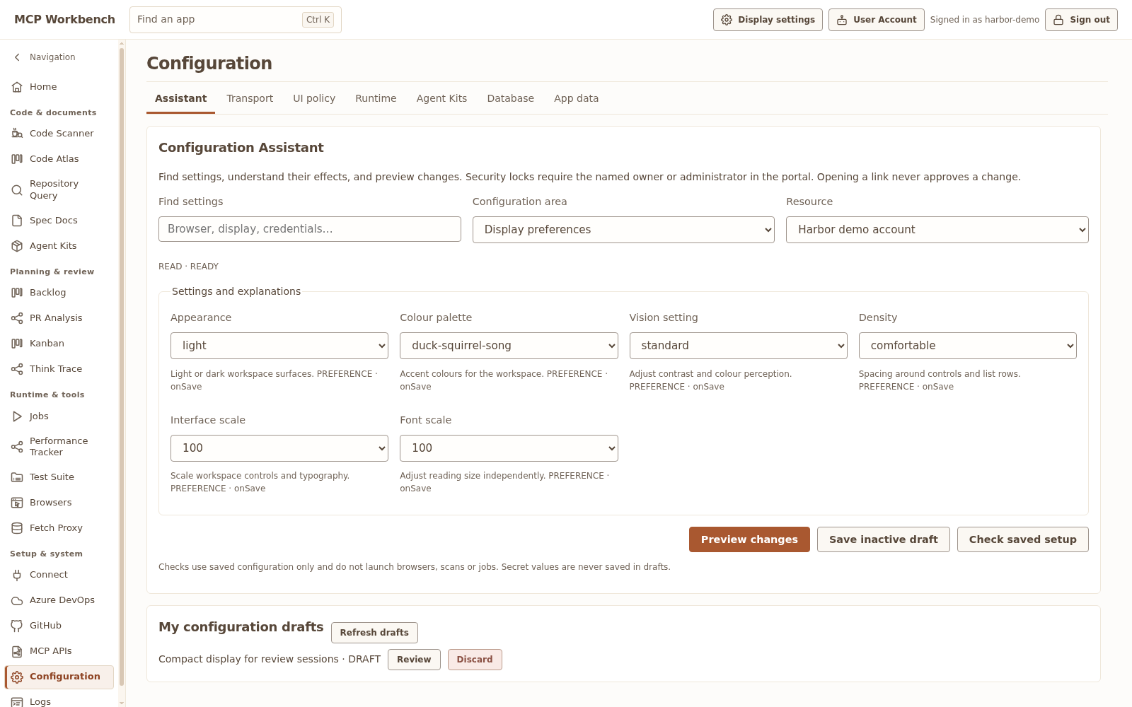 Workbench Configuration Assistant showing display settings and an inactive draft for the fictional Harbor account