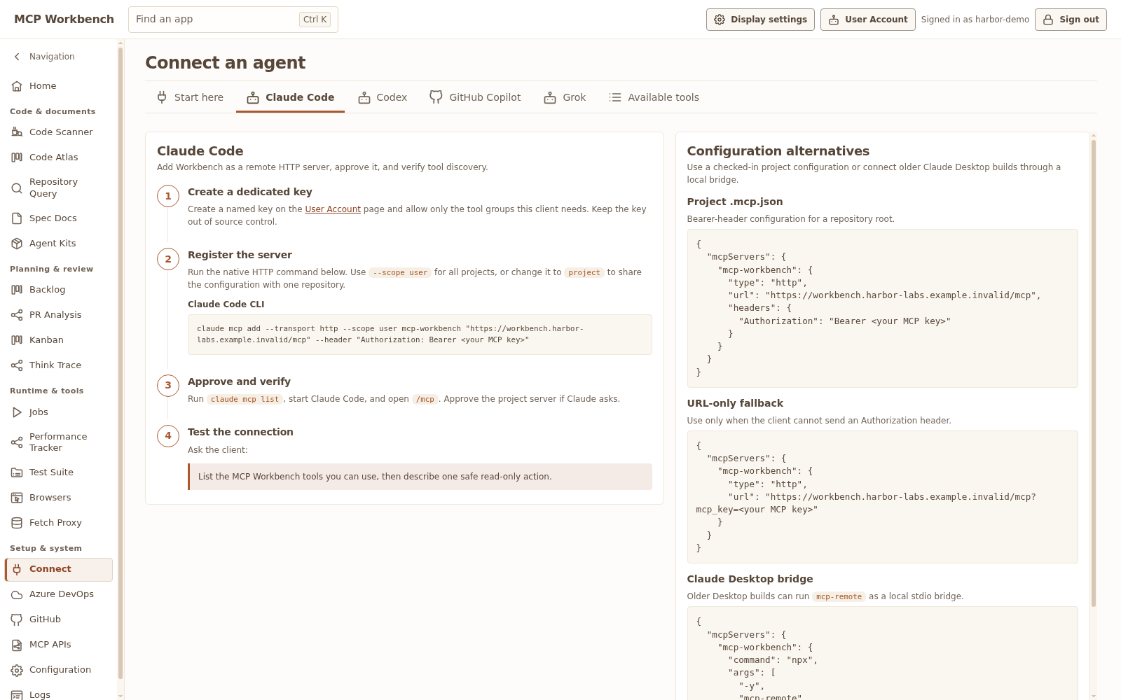 Connect guide with client setup instructions and available Workbench tool groups