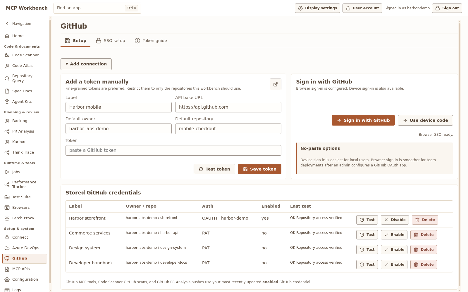 GitHub settings with a fictional Acme credential and repository scope