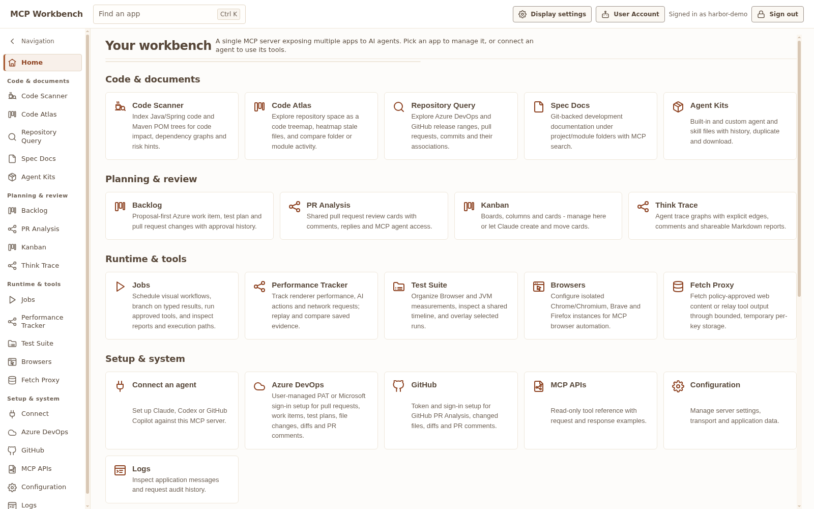 MCP Workbench home with grouped applications, a searchable app switcher and setup status