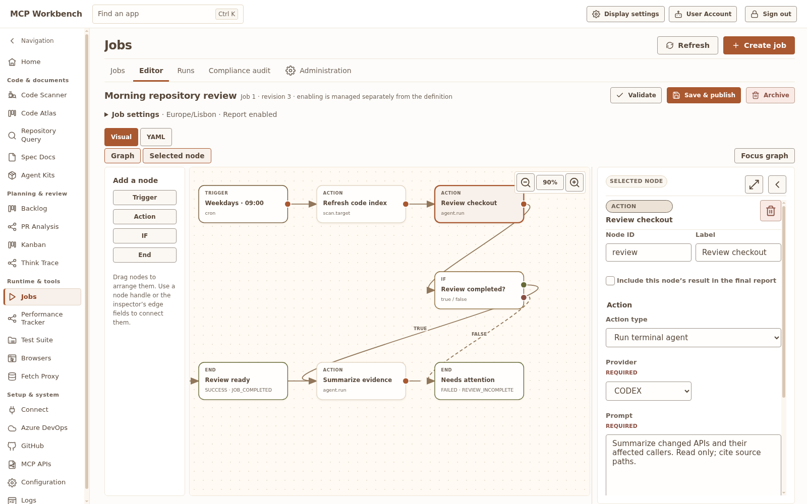 Jobs visual editor containing a Harbor maintenance workflow with triggers, branches and node settings