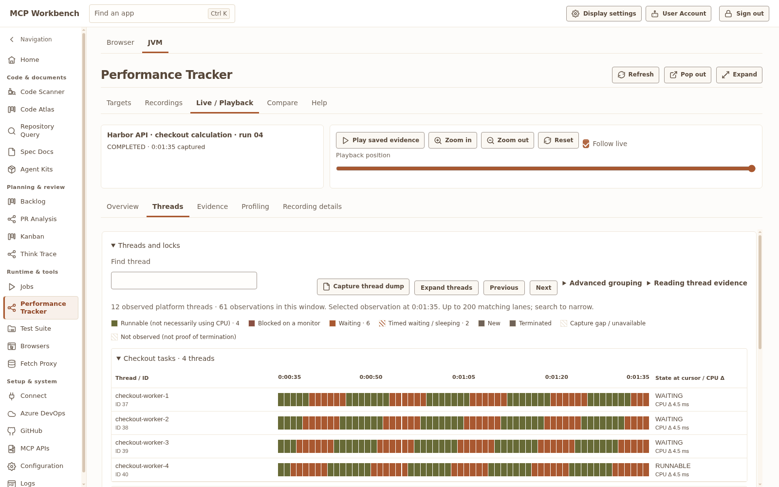 JVM Performance Tracker showing a Harbor service recording with sampled thread timelines and Capture thread dump