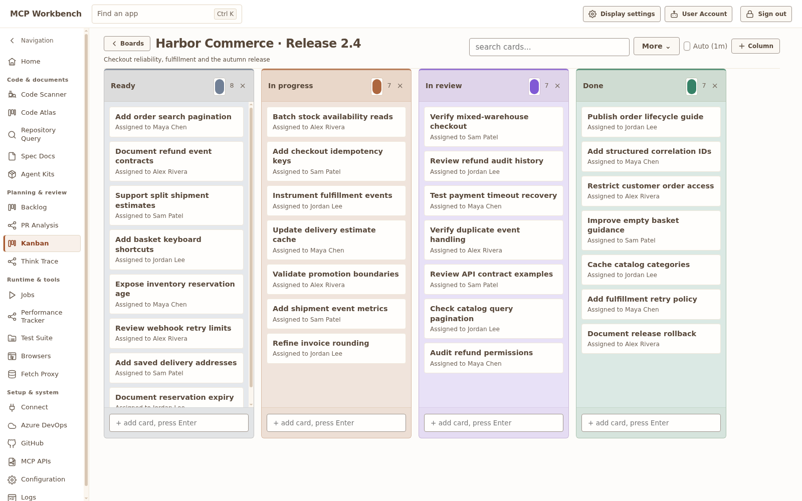 A populated fictional Harbor Kanban board with release, review and maintenance cards