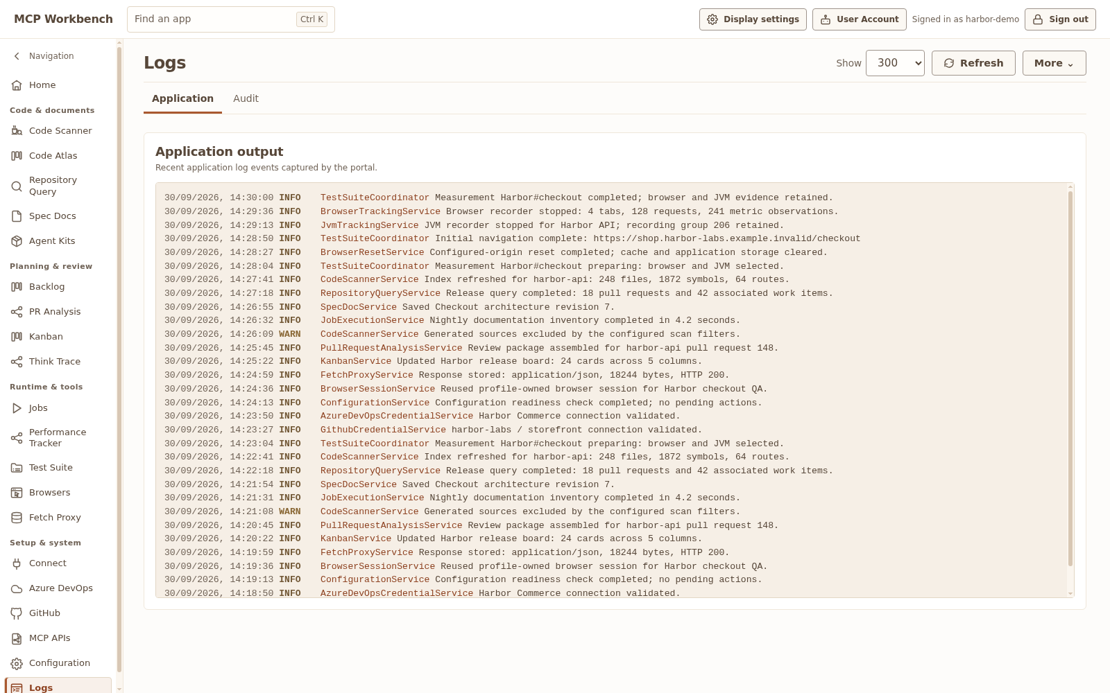 Workbench logs populated with fictional local operation and audit records
