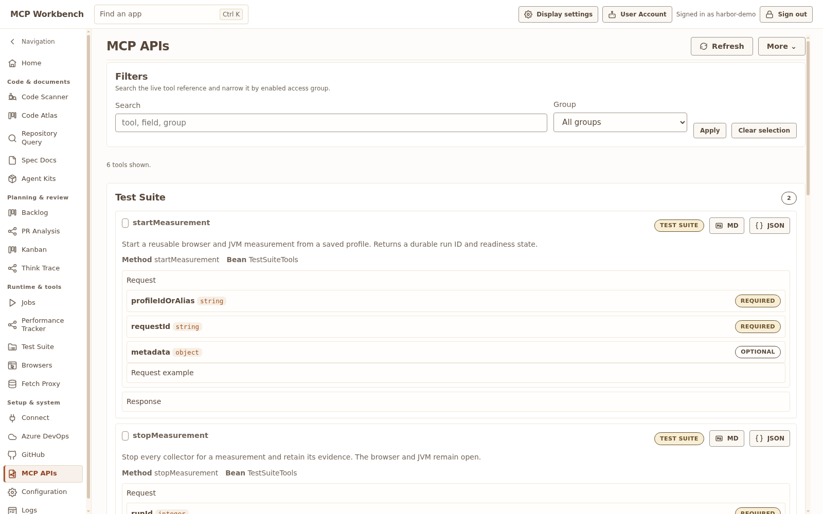 MCP APIs catalogue showing available Workbench tool descriptions and input schemas
