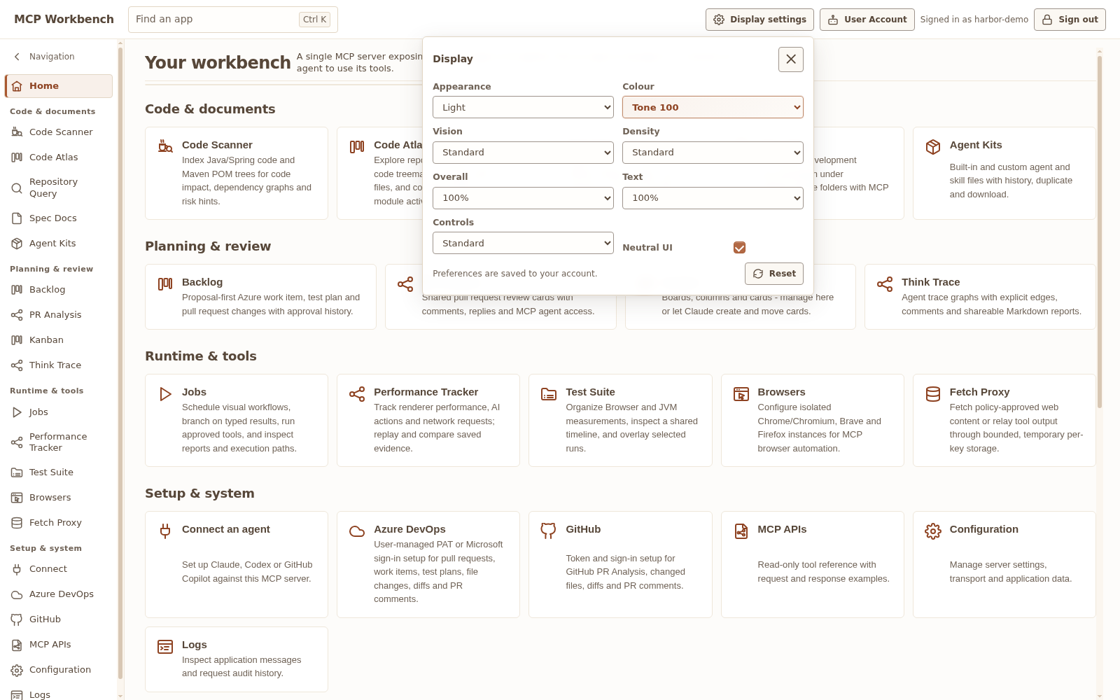 Workbench home in Neutral UI with its display preferences open
