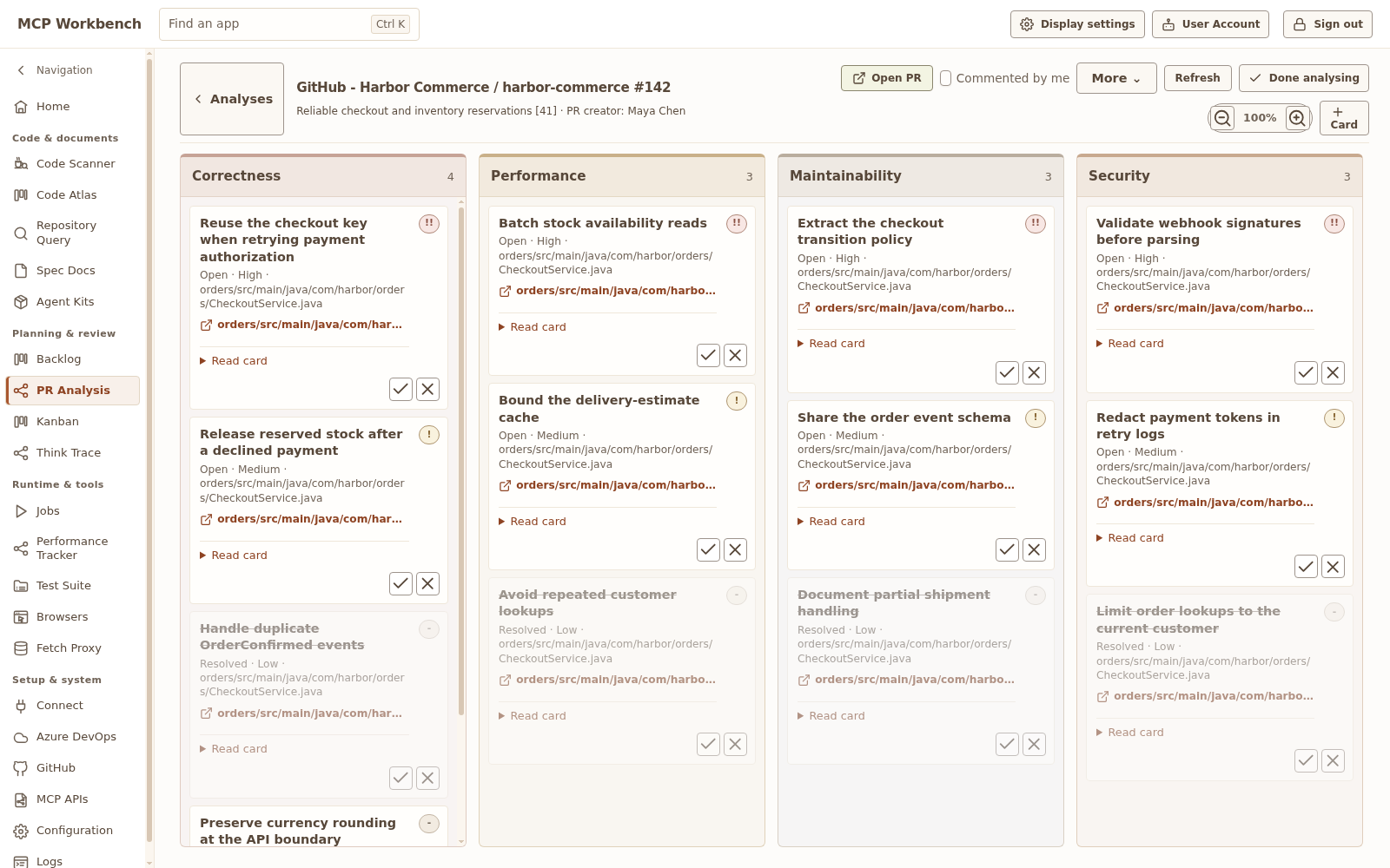 PR Analysis with populated fictional Harbor pull-request reviews and findings