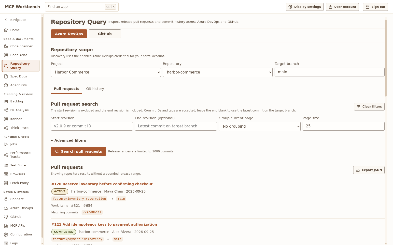 Repository Query showing a Harbor release range with pull requests and associated work-item IDs