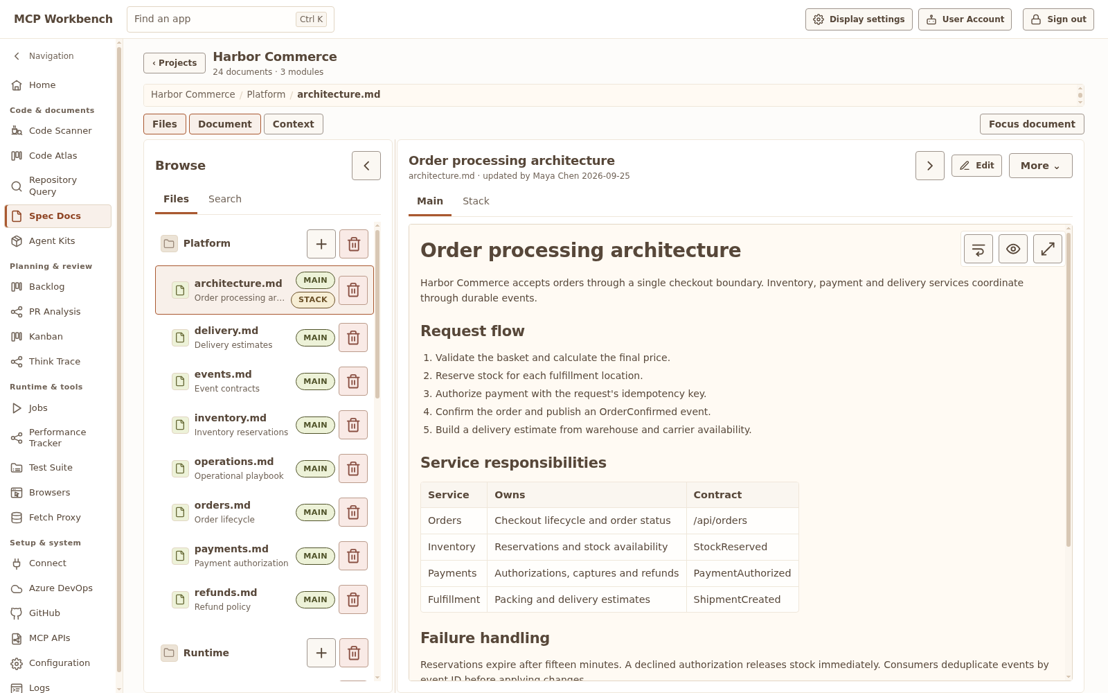 Spec Docs with a populated Harbor documentation tree and a selected Markdown document