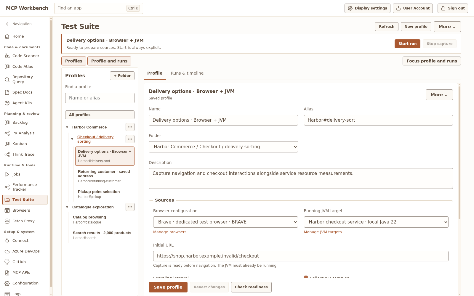 Test Suite profile editor showing fictional Harbor folders, a reusable alias and browser/JVM capture settings